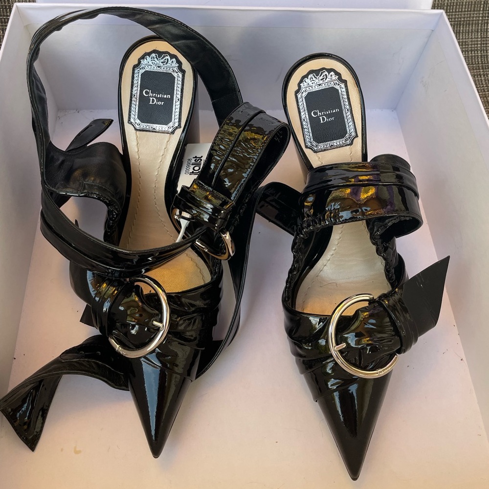 Dior Conquest Leather Ankle Strap Pointy Toe Pumps Black Size 37.5